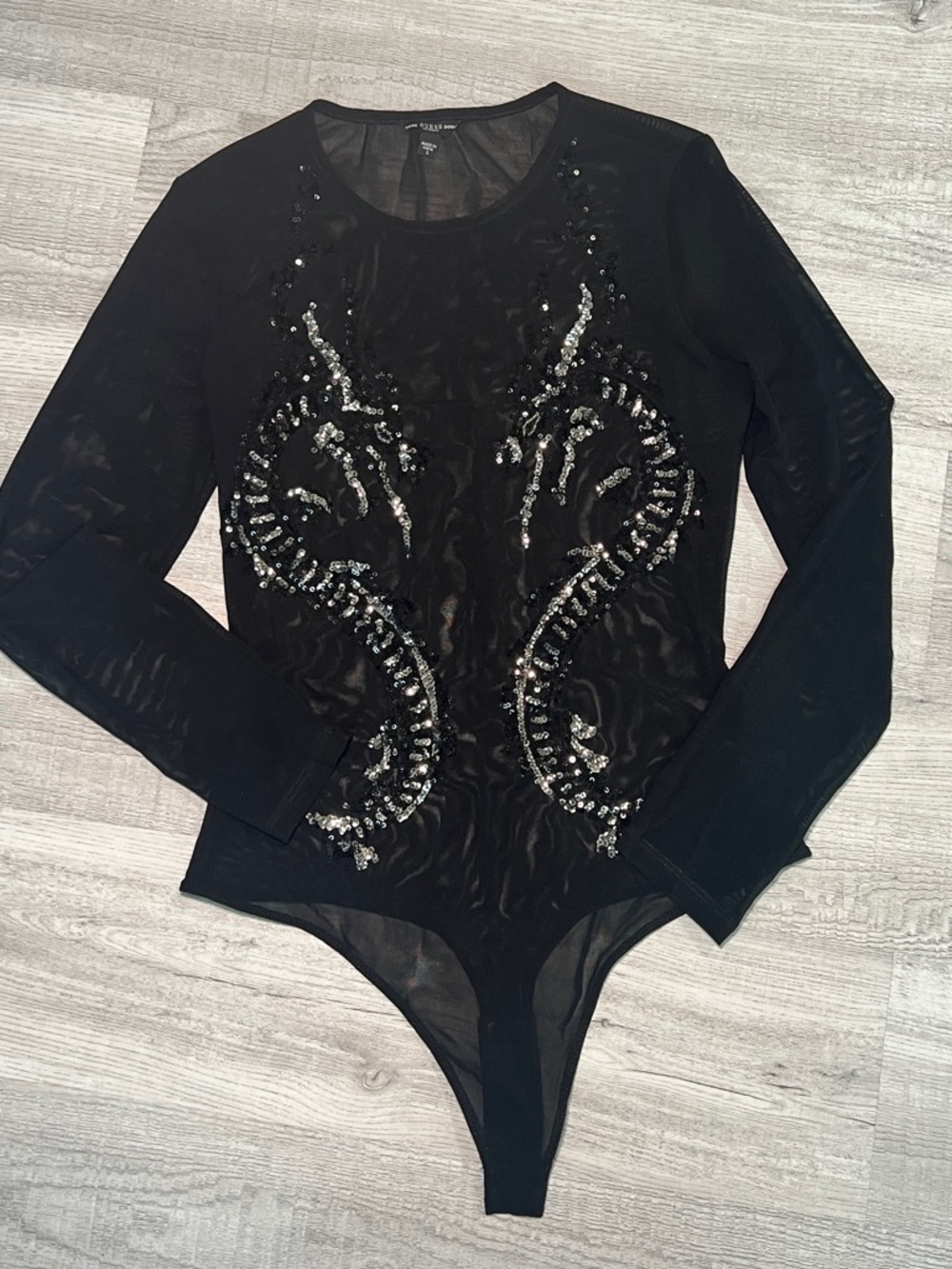 GUESS Black Sheer Long Sleeve Sequin |Dragon Mesh Bodysuit - Picture 4 of 10